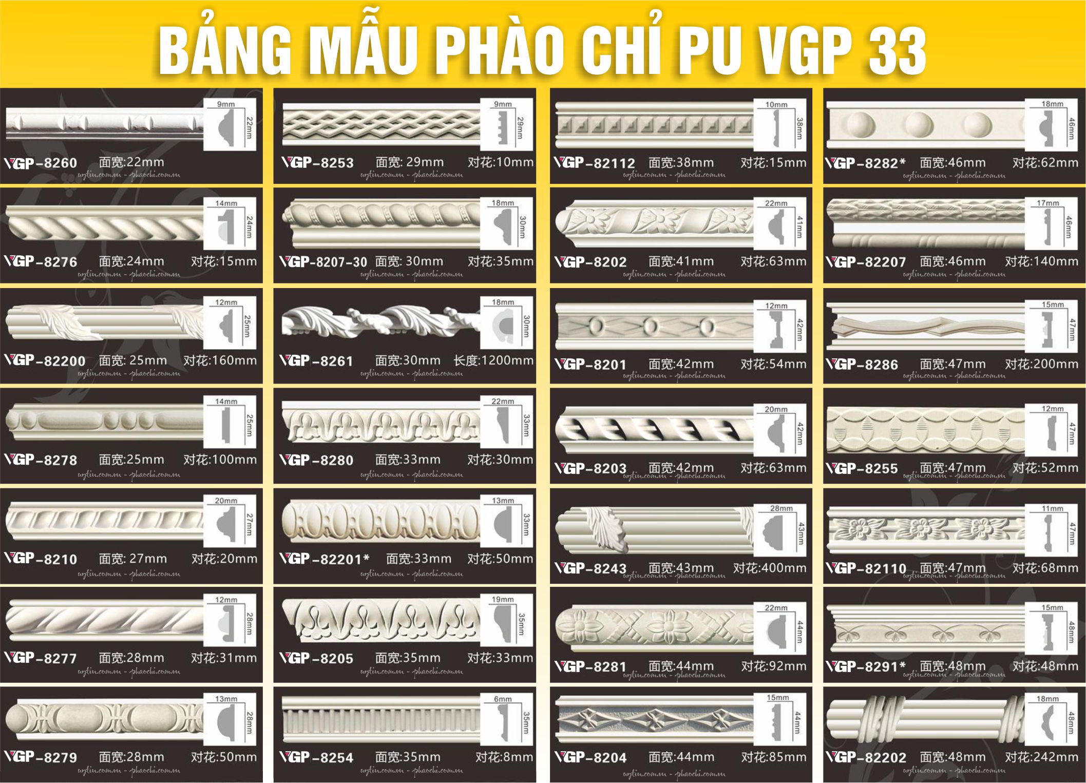 Bảng Mẫu phào chỉ PU VGP số 33