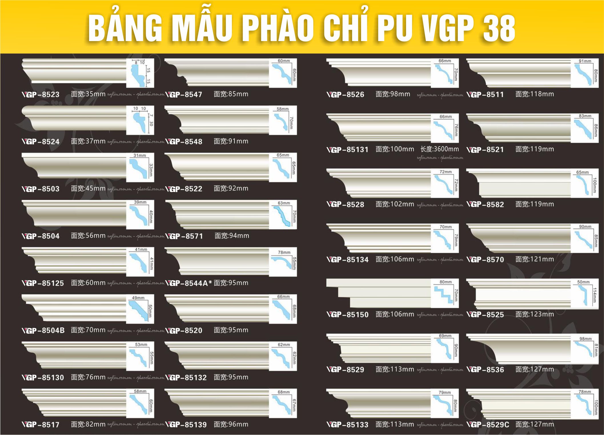 Bảng Mẫu phào chỉ PU VGP số 38