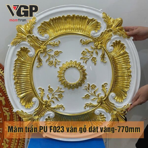 Mâm trần nhựa PU F023 vân gỗ dát vàng-770mm