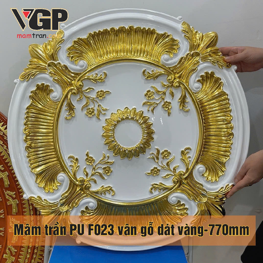 Mâm trần nhựa PU F023 vân gỗ dát vàng-770mm